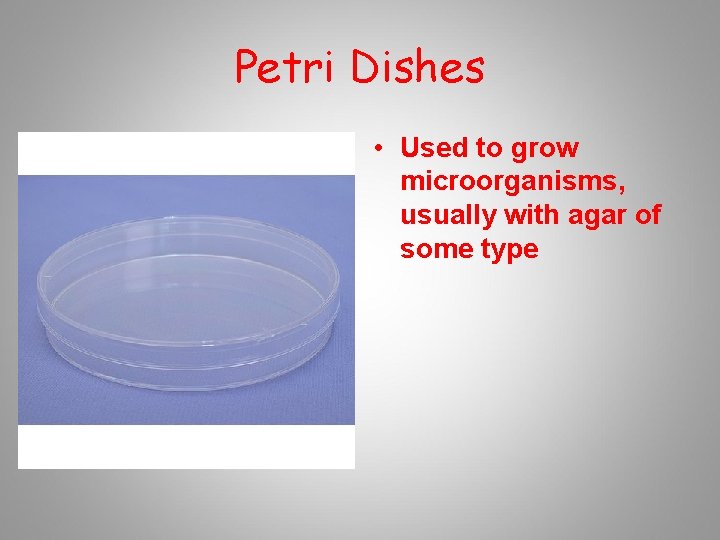 Petri Dishes • Used to grow microorganisms, usually with agar of some type 
