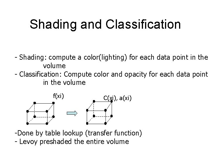 Shading and Classification - Shading: compute a color(lighting) for each data point in the