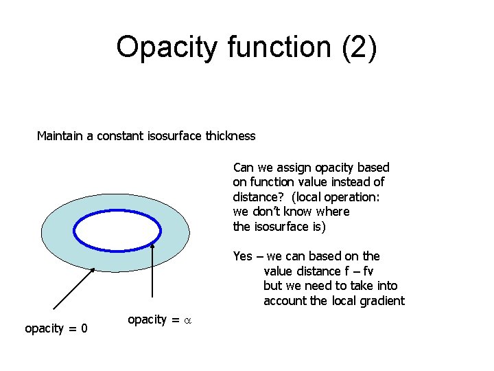 Opacity function (2) Maintain a constant isosurface thickness Can we assign opacity based on