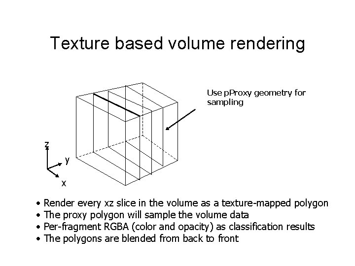 Texture based volume rendering Use p. Proxy geometry for sampling z y x •
