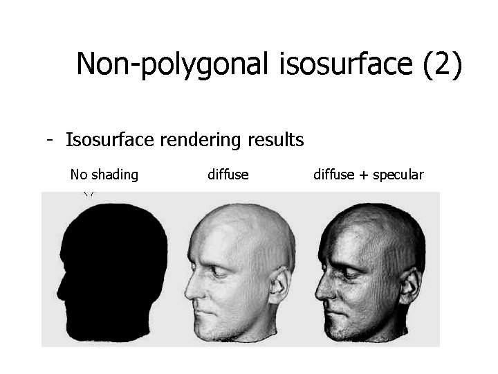 Non-polygonal isosurface (2) - Isosurface rendering results No shading diffuse + specular 