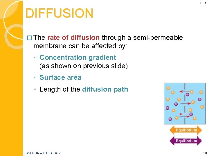 U. 1 DIFFUSION � The rate of diffusion through a semi-permeable membrane can be