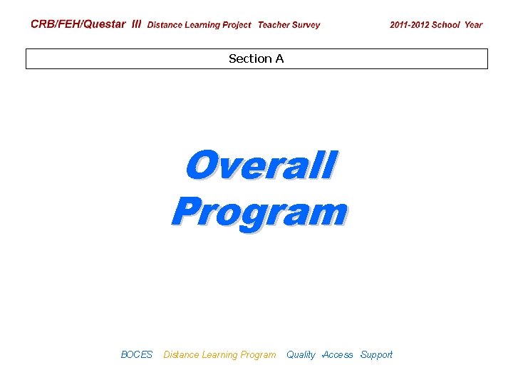 CRB/FEH/Questar III Distance Learning Project Teacher Survey 2009– 2010 School Year Section A Overall
