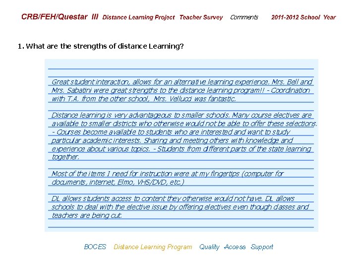 CRB/FEH/Questar III Distance Learning Project Teacher Survey Comments 2009– 2010 School Year 1. What