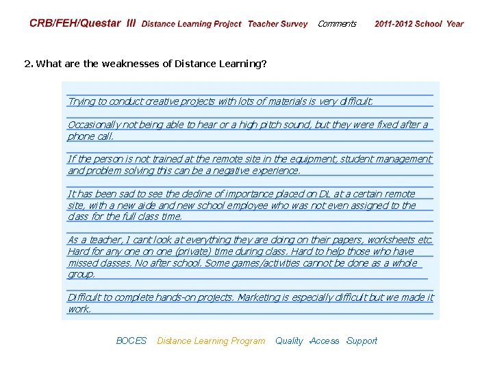 CRB/FEH/Questar III Distance Learning Project Teacher Survey Comments 2009– 2010 School Year 2. What