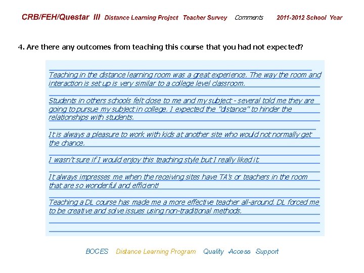CRB/FEH/Questar III Distance Learning Project Teacher Survey Comments 2009– 2010 School Year 4. Are