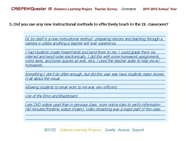 CRB/FEH/Questar III Distance Learning Project Teacher Survey Comments 2009– 2010 School Year 5. Did