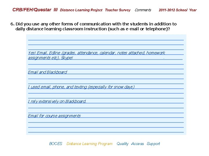 CRB/FEH/Questar III Distance Learning Project Teacher Survey Comments 2009– 2010 School Year 6. Did