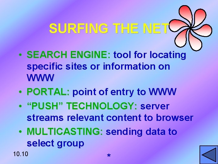SURFING THE NET • SEARCH ENGINE: tool for locating specific sites or information on