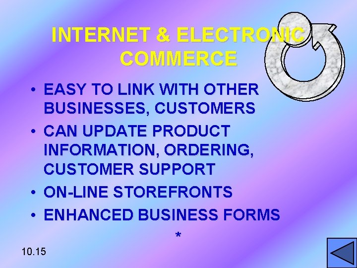 INTERNET & ELECTRONIC COMMERCE • EASY TO LINK WITH OTHER BUSINESSES, CUSTOMERS • CAN