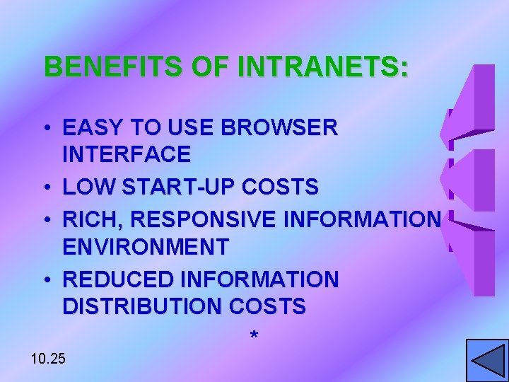 BENEFITS OF INTRANETS: • EASY TO USE BROWSER INTERFACE • LOW START-UP COSTS •