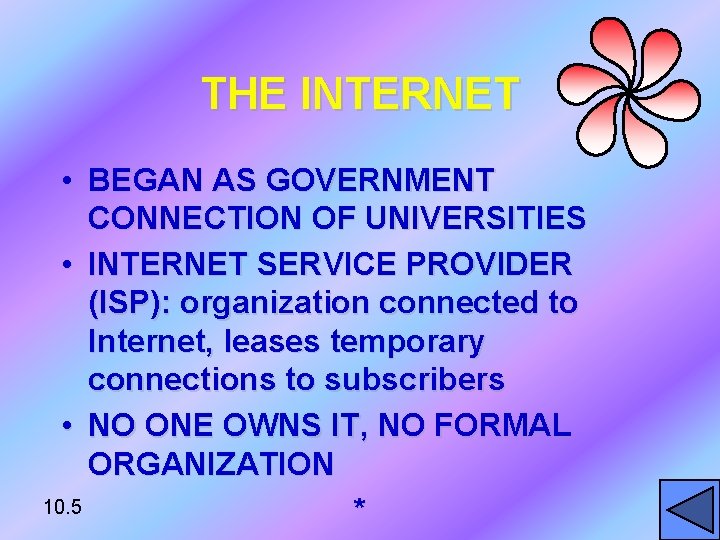THE INTERNET • BEGAN AS GOVERNMENT CONNECTION OF UNIVERSITIES • INTERNET SERVICE PROVIDER (ISP):