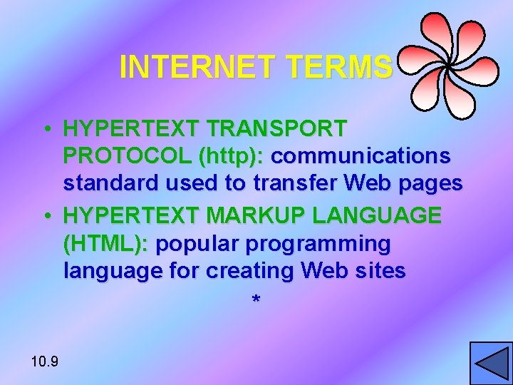 INTERNET TERMS • HYPERTEXT TRANSPORT PROTOCOL (http): communications standard used to transfer Web pages