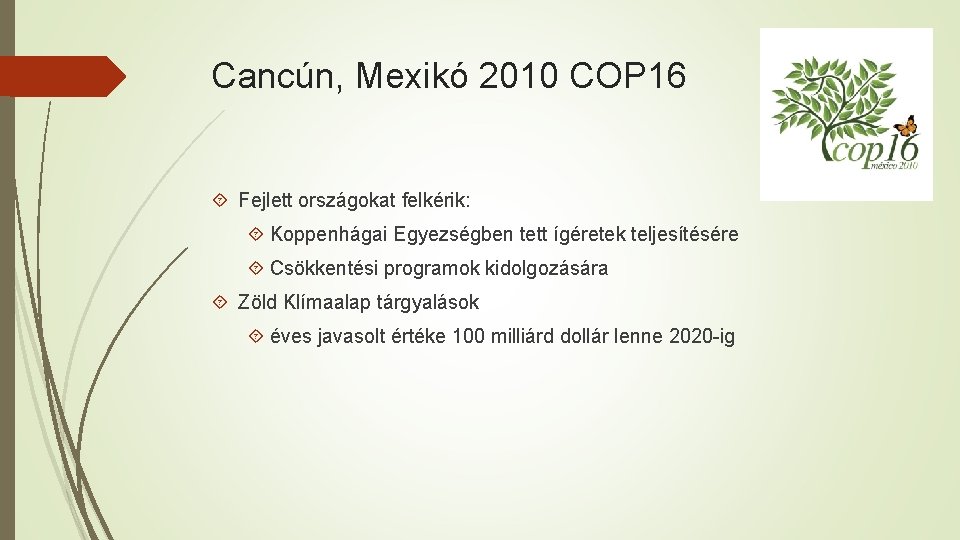 Cancún, Mexikó 2010 COP 16 Fejlett országokat felkérik: Koppenhágai Egyezségben tett ígéretek teljesítésére Csökkentési