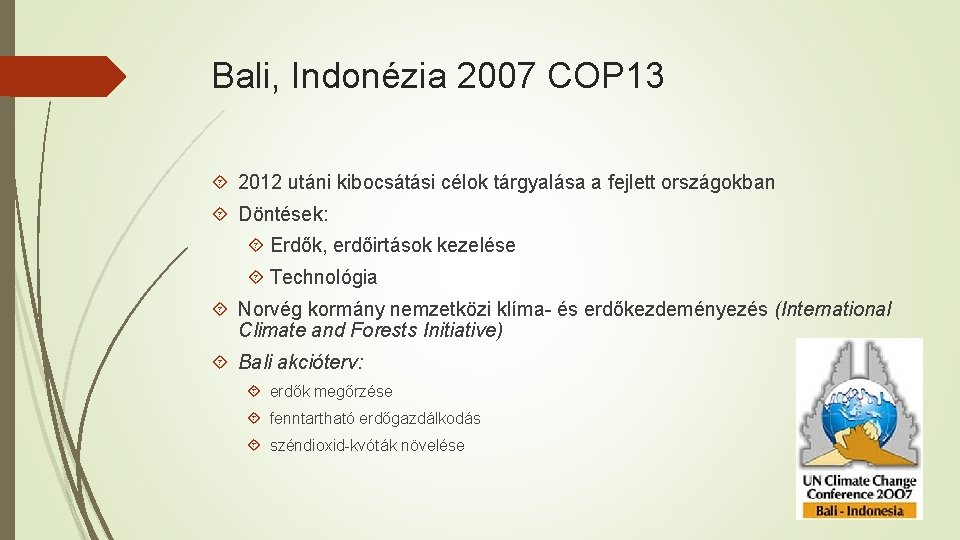 Bali, Indonézia 2007 COP 13 2012 utáni kibocsátási célok tárgyalása a fejlett országokban Döntések: