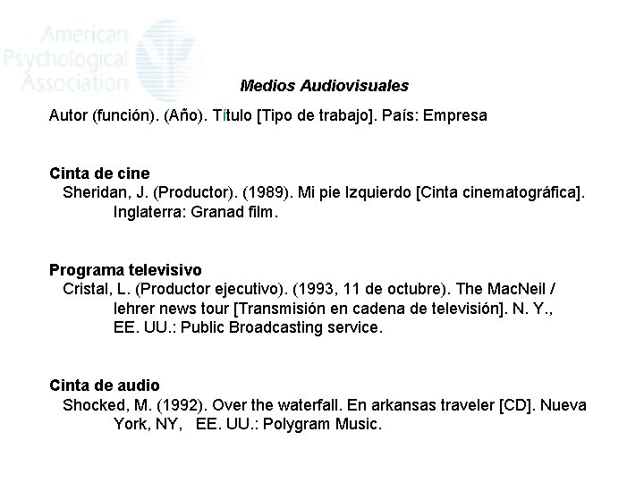 Medios Audiovisuales Autor (función). (Año). Título [Tipo de trabajo]. País: Empresa Cinta de cine