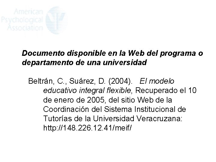 Documento disponible en la Web del programa o departamento de una universidad Beltrán, C.