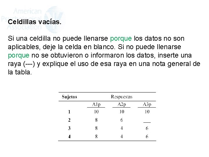 Celdillas vacías. Si una celdilla no puede llenarse porque los datos no son aplicables,