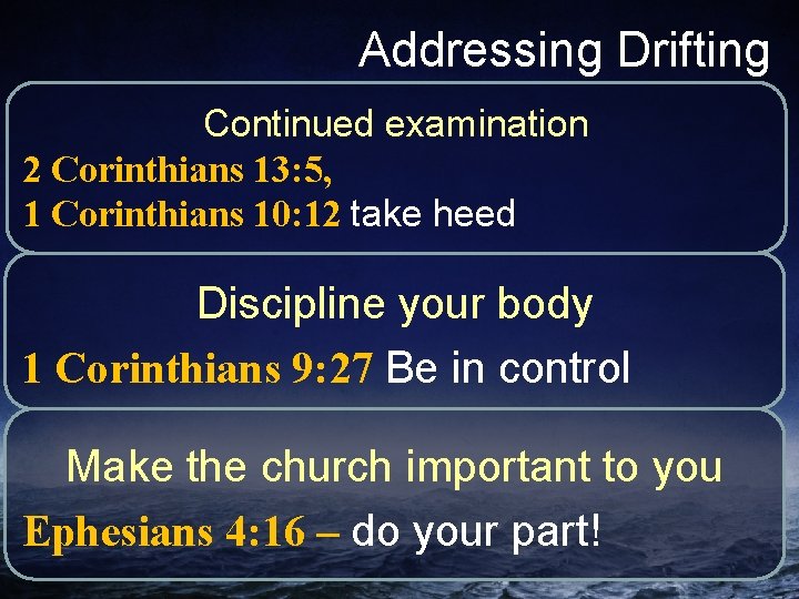 Addressing Drifting Continued examination 2 Corinthians 13: 5, 1 Corinthians 10: 12 take heed