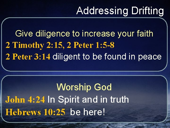 Addressing Drifting Give diligence to increase your faith 2 Timothy 2: 15, 2 Peter