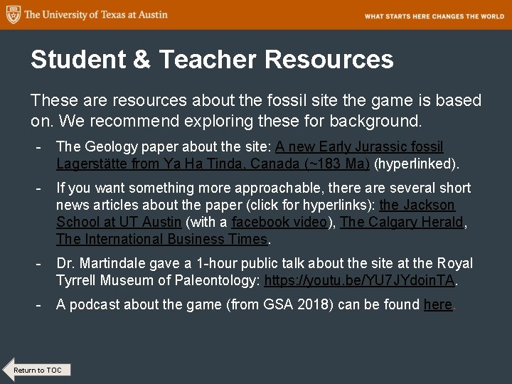 Student & Teacher Resources These are resources about the fossil site the game is