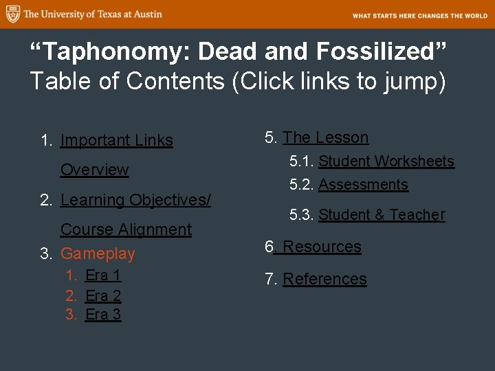 “Taphonomy: Dead and Fossilized” Table of Contents (Click links to jump) 1. Important Links