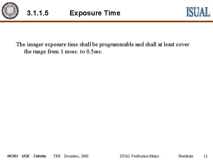 3. 1. 1. 5 Exposure Time The imager exposure time shall be programmable and