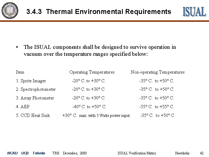 3. 4. 3 Thermal Environmental Requirements • The ISUAL components shall be designed to