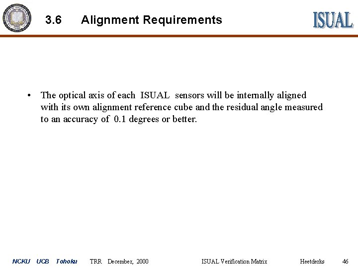 3. 6 Alignment Requirements • The optical axis of each ISUAL sensors will be