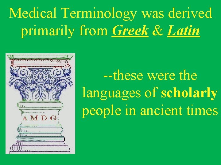 Medical Terminology was derived primarily from Greek & Latin --these were the languages of