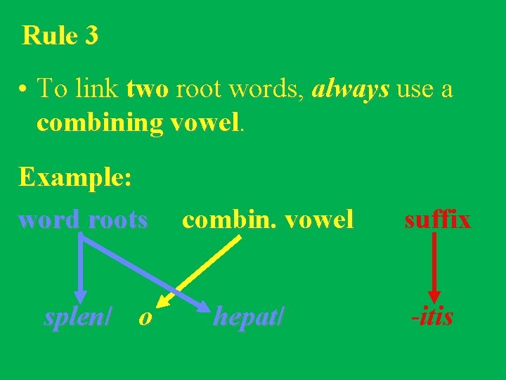Rule 3 • To link two root words, always use a combining vowel. Example: