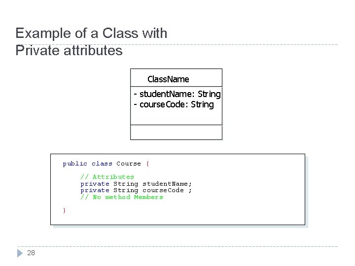 Example of a Class with Private attributes Class. Name - student. Name: String - Example of a Class with Private attributes Class. Name - student. Name: String -