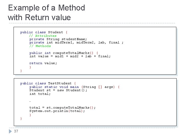 Example of a Method with Return value public class Student { // Attributes private Example of a Method with Return value public class Student { // Attributes private