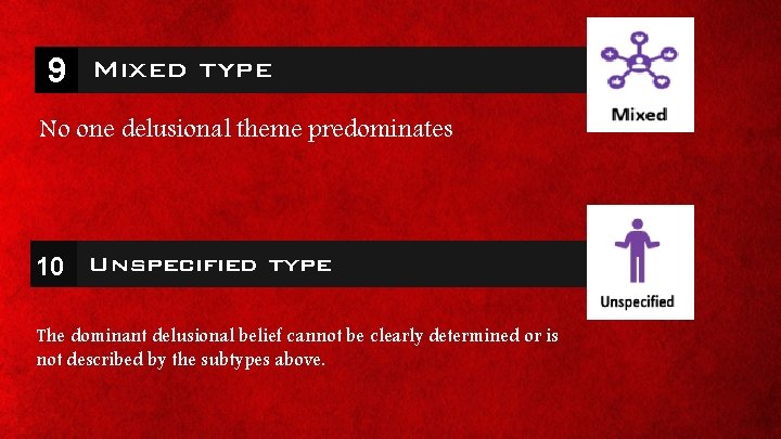 9 Mixed type No one delusional theme predominates 10 Unspecified type The dominant delusional