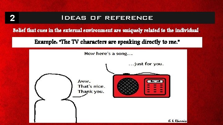 2 Ideas of reference Belief that cues in the external environment are uniquely related