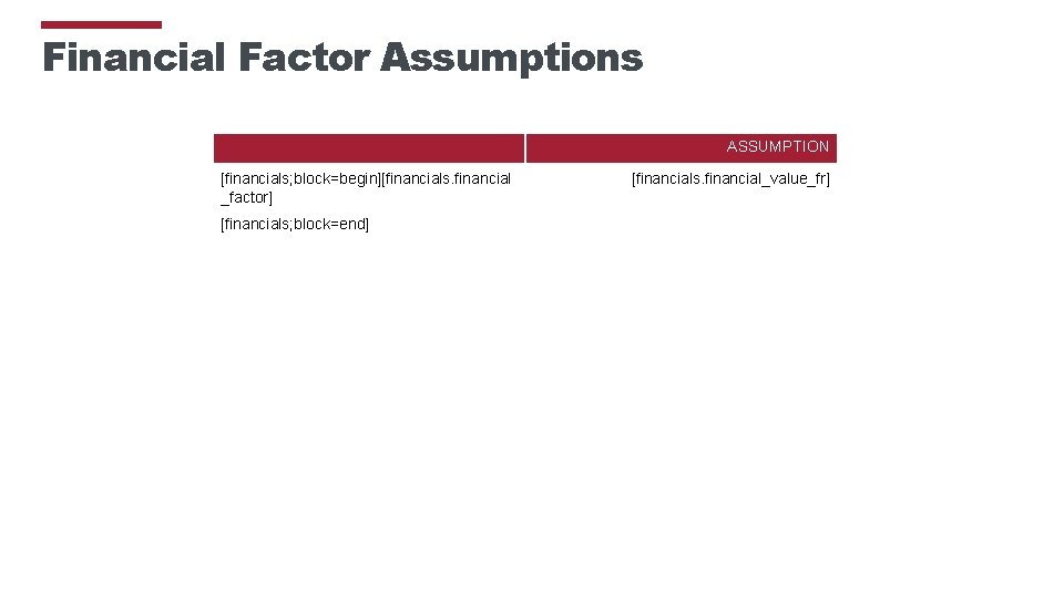 Financial Factor Assumptions ASSUMPTION [financials; block=begin][financials. financial _factor] [financials; block=end] [financials. financial_value_fr] 