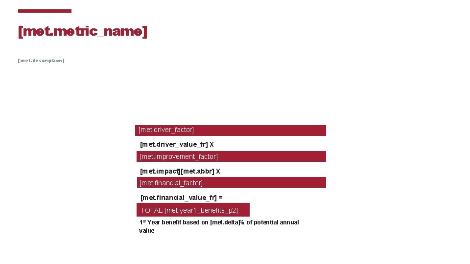 [met. metric_name] [met. description] [met. driver_factor] [met. driver_value_fr] X [met. improvement_factor] [met. impact][met. abbr]