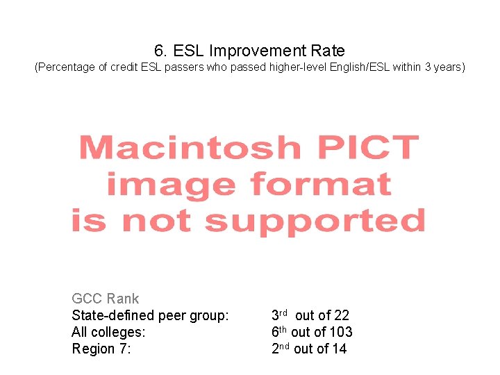 6. ESL Improvement Rate (Percentage of credit ESL passers who passed higher-level English/ESL within