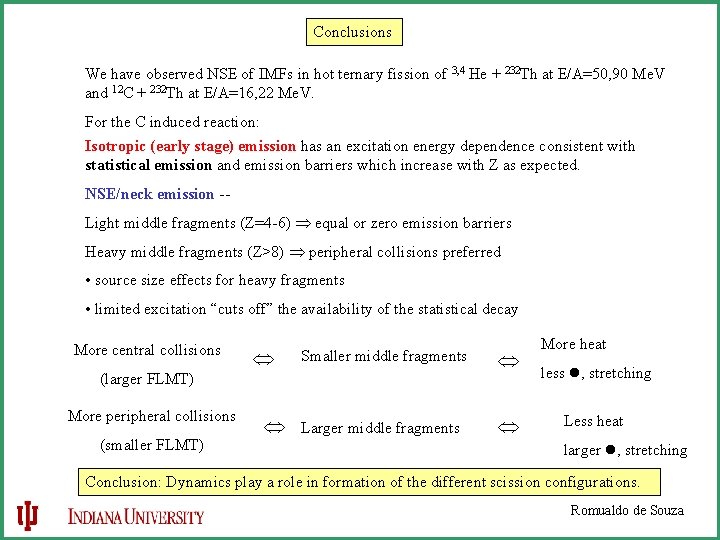 Conclusions We have observed NSE of IMFs in hot ternary fission of 3, 4