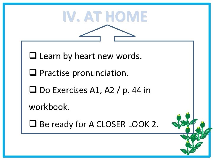 IV. AT HOME q Learn by heart new words. q Practise pronunciation. q Do