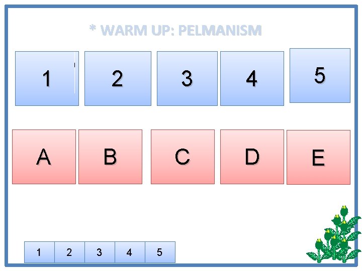 * WARM UP: PELMANISM The story of Tam and Cam 1 A 1 The