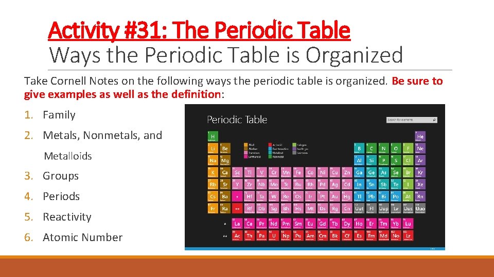 Activity #31: The Periodic Table Ways the Periodic Table is Organized Take Cornell Notes