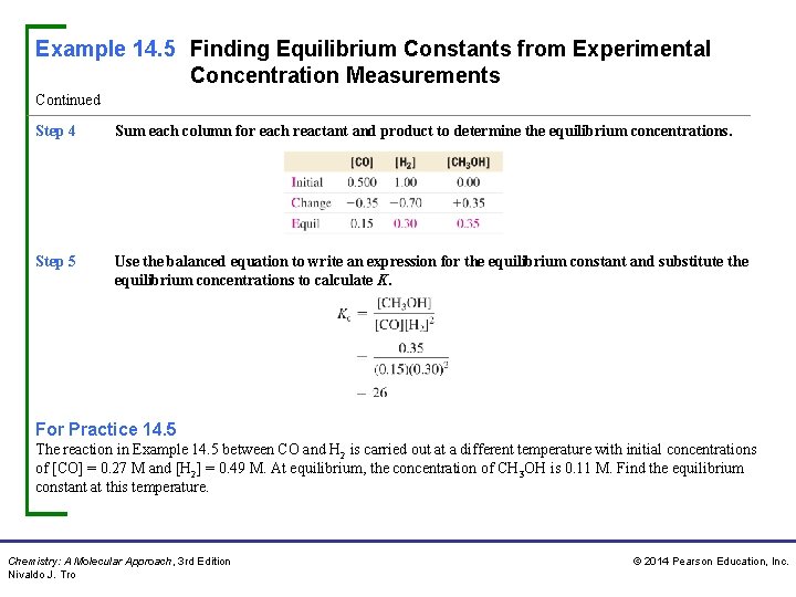 Example 14. 5 Finding Equilibrium Constants from Experimental Concentration Measurements Continued Step 4 Sum