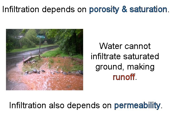 Infiltration depends on porosity & saturation. Water cannot infiltrate saturated ground, making runoff. Infiltration