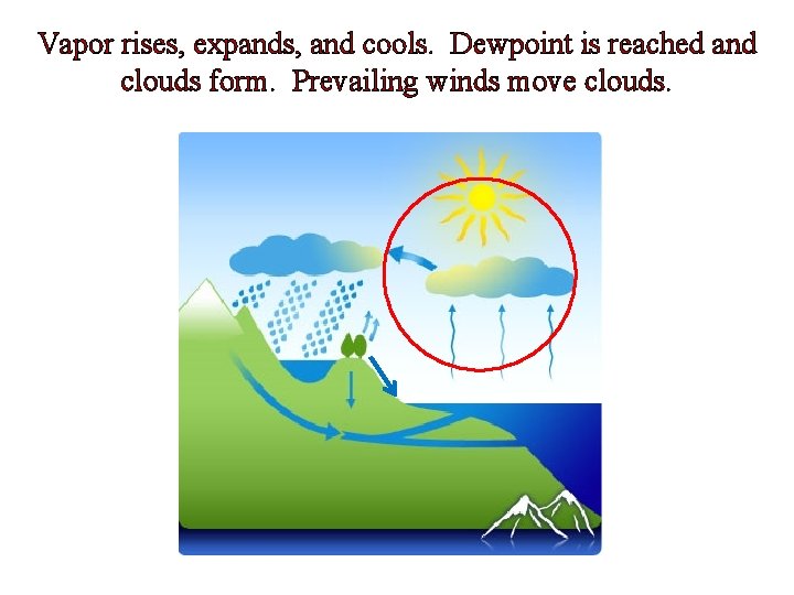 Vapor rises, expands, and cools. Dewpoint is reached and clouds form. Prevailing winds move