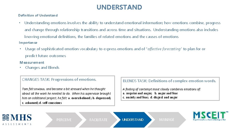 UNDERSTAND Definition of Understand • Understanding emotions involves the ability to understand emotional information;