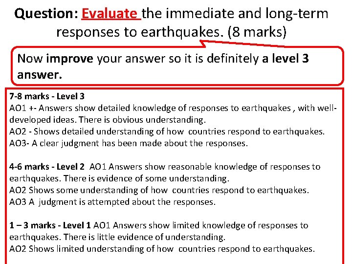 Question: Evaluate the immediate and long-term responses to earthquakes. (8 marks) Now improve your