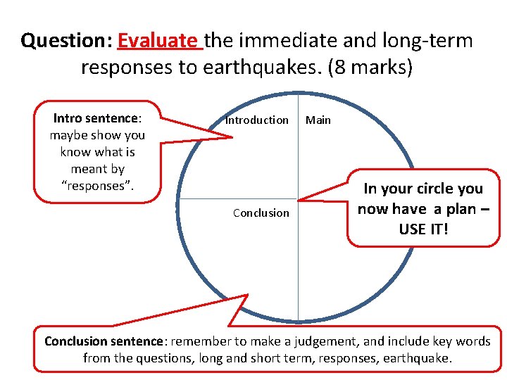 Question: Evaluate the immediate and long-term responses to earthquakes. (8 marks) Intro sentence: maybe