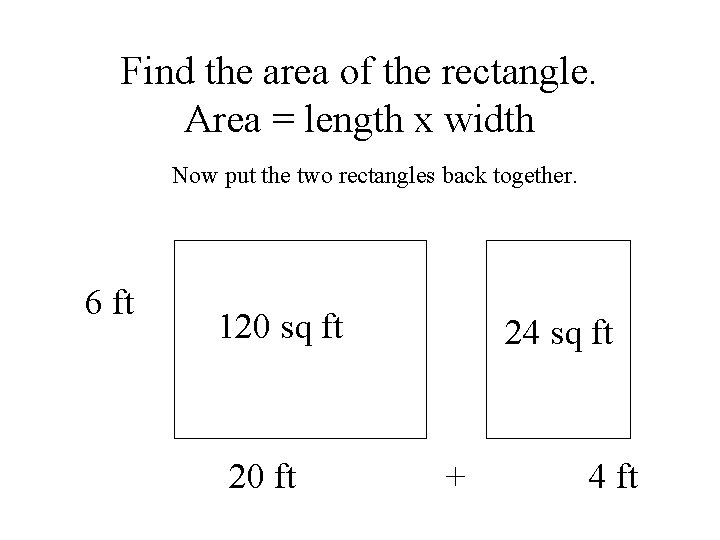 Find the area of the rectangle. Area = length x width Now put the