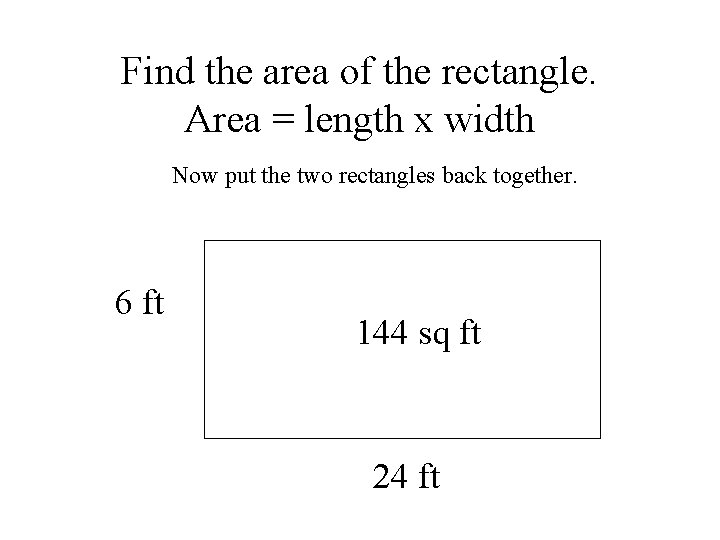 Find the area of the rectangle. Area = length x width Now put the